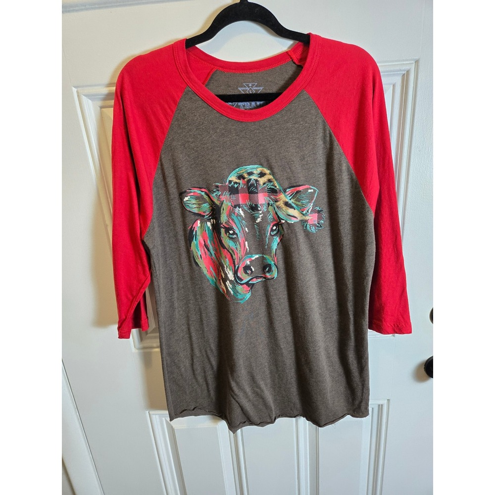 Crazy Train Womens Cow Graphic Raglan Tee Brown Red 3/4 Sleeve Large Made in USA